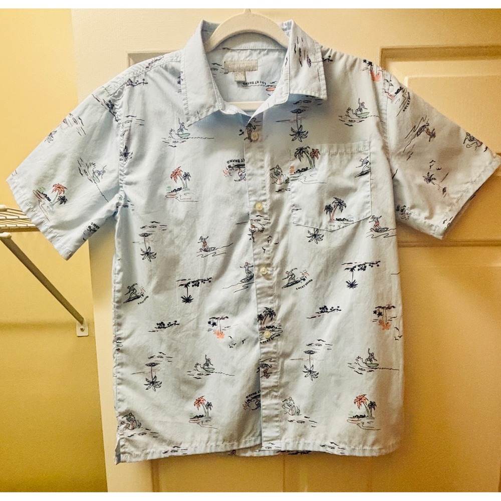 Lucky Brand Boys XL 18/20 Blue Tropical Surfer Print Short Sleeve Button Down